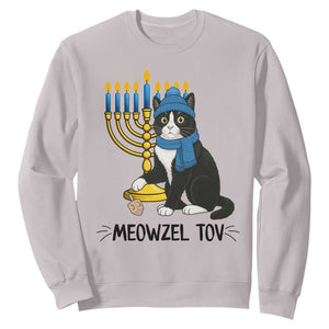 Meowzel Tov Sweatshirt Black Cat Playing Dreidel Menorah Hanukkah Gift TS12 Ice Gray Print Your Wear
