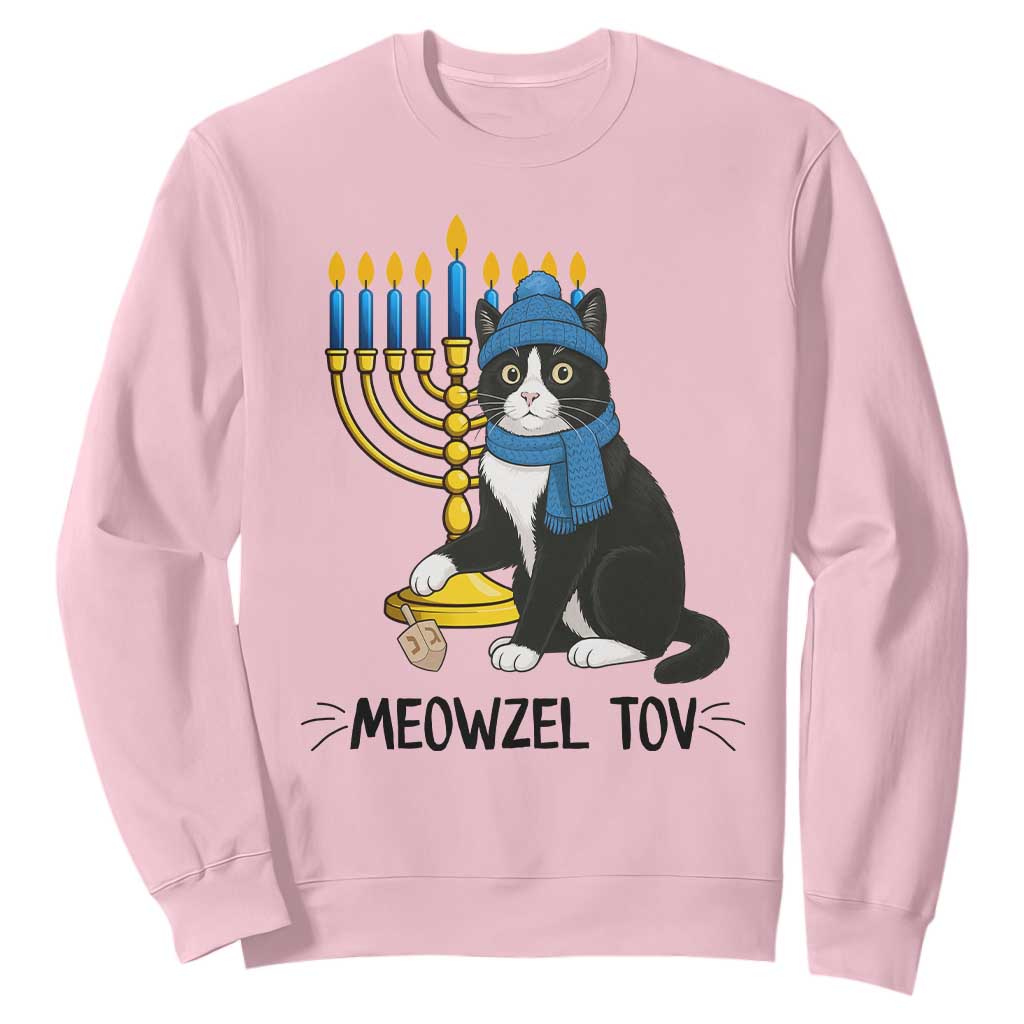 Meowzel Tov Sweatshirt Black Cat Playing Dreidel Menorah Hanukkah Gift TS12 Light Pink Print Your Wear