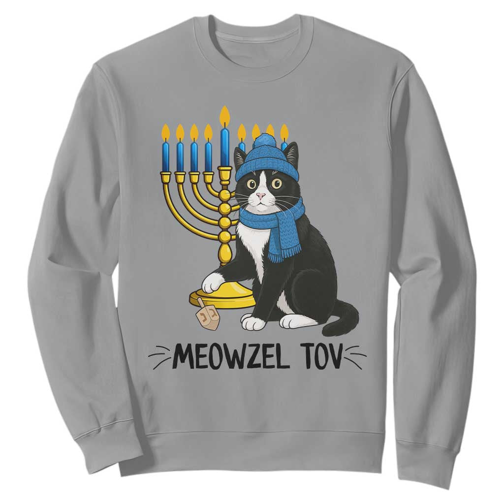 Meowzel Tov Sweatshirt Black Cat Playing Dreidel Menorah Hanukkah Gift TS12 Sport Gray Print Your Wear