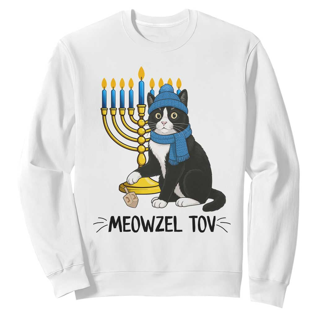 Meowzel Tov Sweatshirt Black Cat Playing Dreidel Menorah Hanukkah Gift TS12 White Print Your Wear