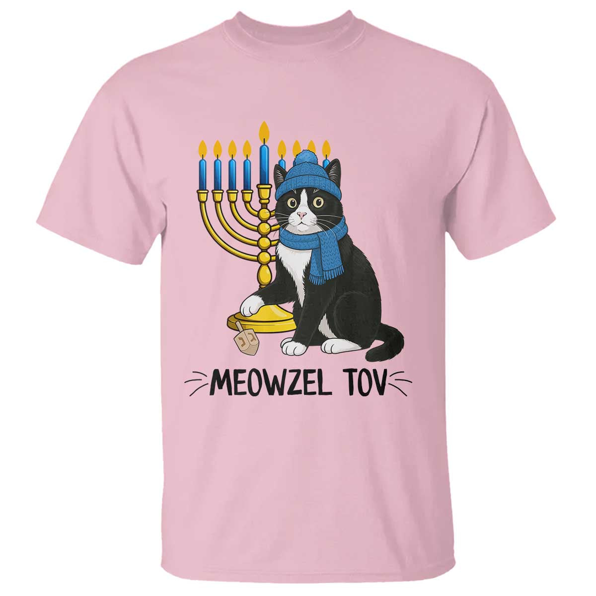 Meowzel Tov T Shirt Black Cat Playing Dreidel Menorah Hanukkah Gift TS12 Light Pink Print Your Wear