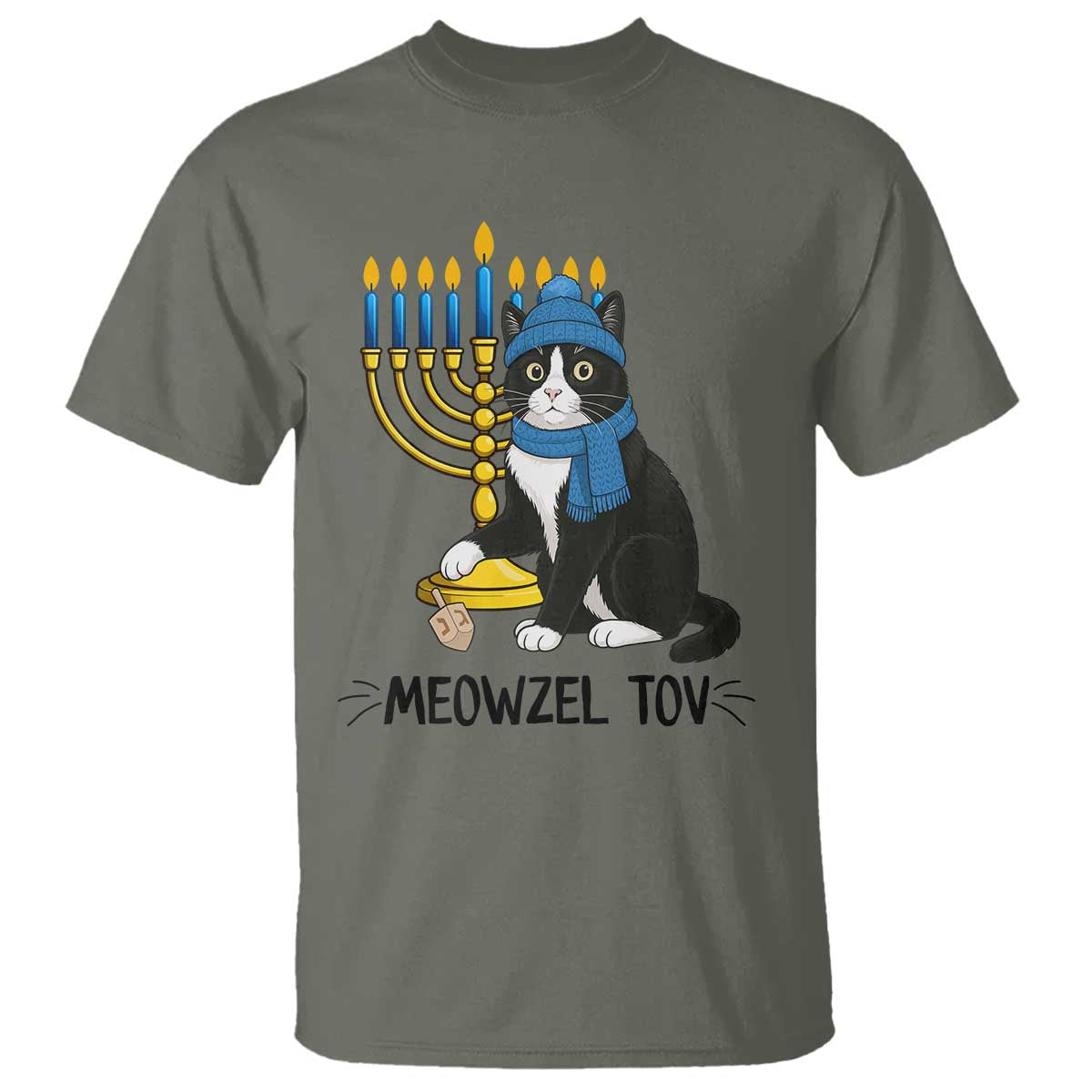 Meowzel Tov T Shirt Black Cat Playing Dreidel Menorah Hanukkah Gift TS12 Military Green Print Your Wear