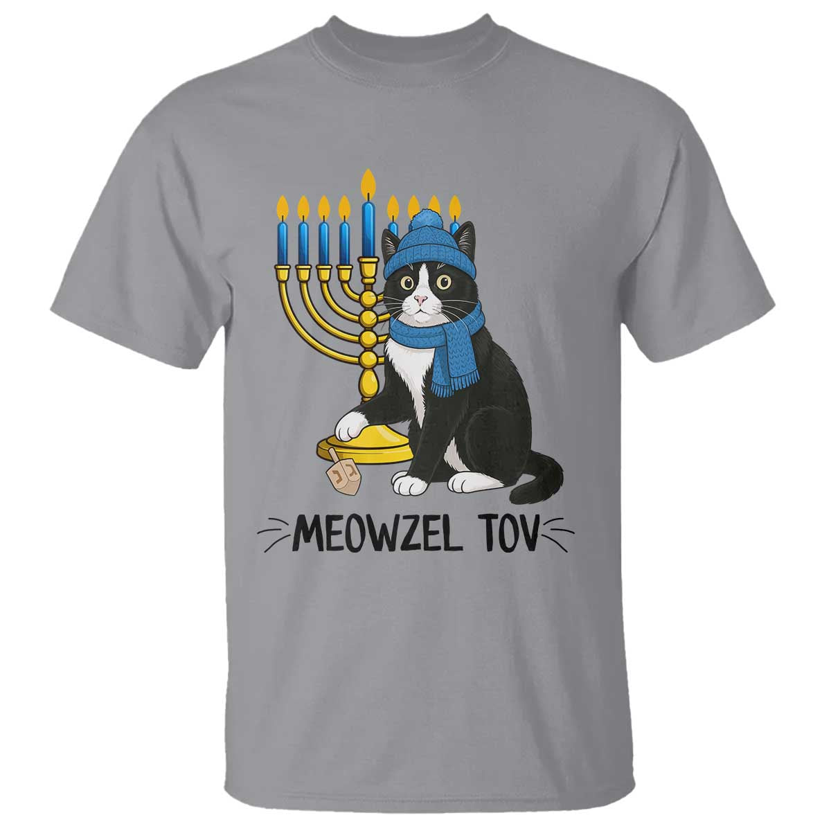 Meowzel Tov T Shirt Black Cat Playing Dreidel Menorah Hanukkah Gift TS12 Sport Gray Print Your Wear