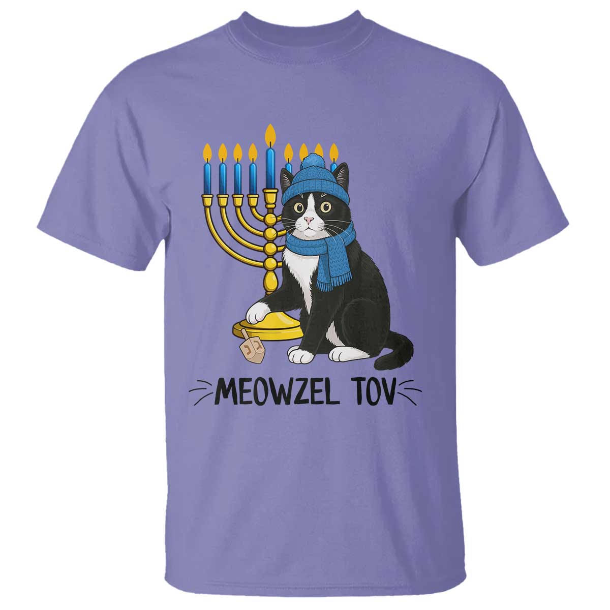 Meowzel Tov T Shirt Black Cat Playing Dreidel Menorah Hanukkah Gift TS12 Violet Print Your Wear