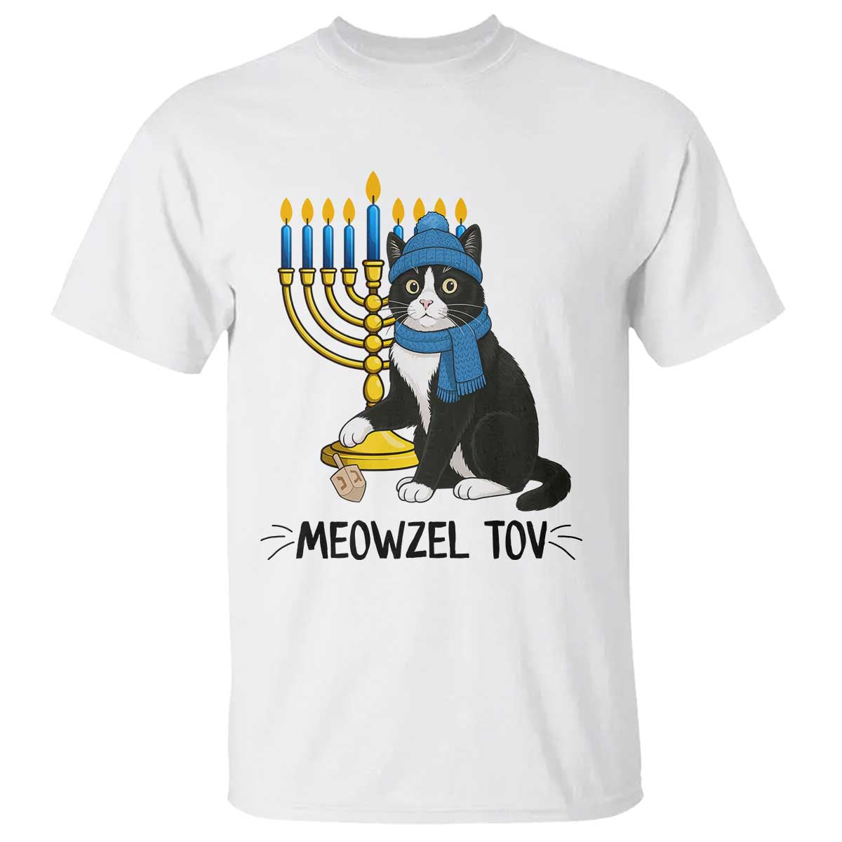 Meowzel Tov T Shirt Black Cat Playing Dreidel Menorah Hanukkah Gift TS12 White Print Your Wear