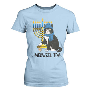 Meowzel Tov T Shirt For Women Black Cat Playing Dreidel Menorah Hanukkah Gift TS12 Light Blue Print Your Wear