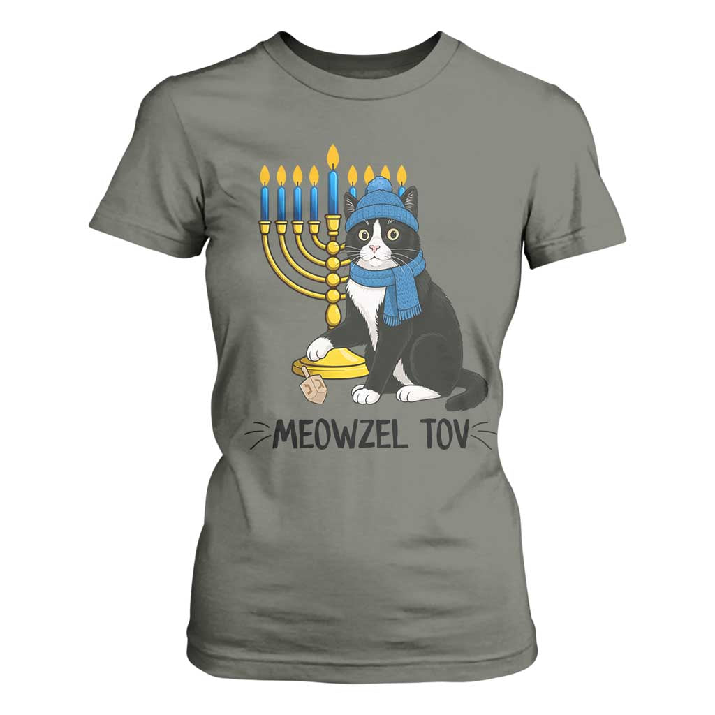Meowzel Tov T Shirt For Women Black Cat Playing Dreidel Menorah Hanukkah Gift TS12 Military Green Print Your Wear
