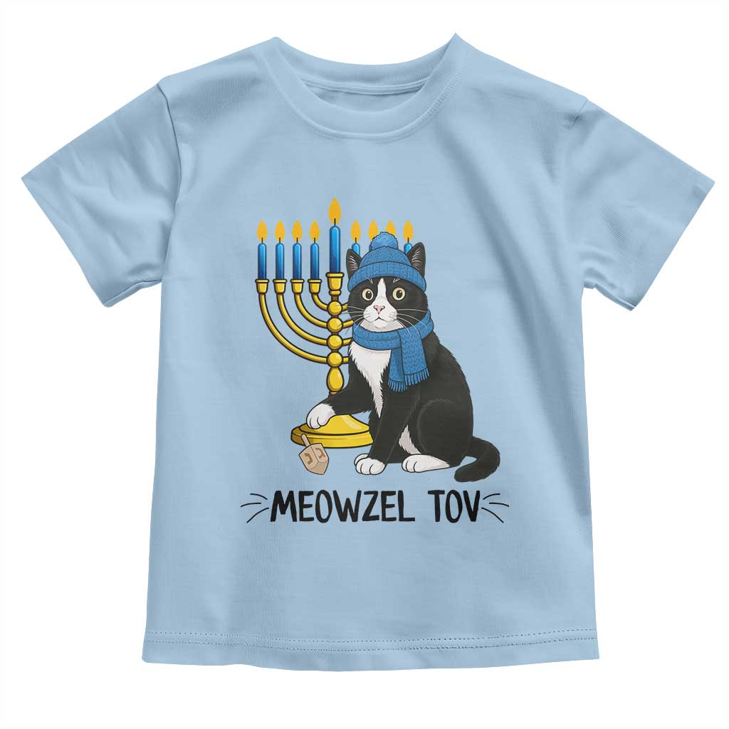 Meowzel Tov Toddler T Shirt Black Cat Playing Dreidel Menorah Hanukkah Gift TS12 Light Blue Print Your Wear