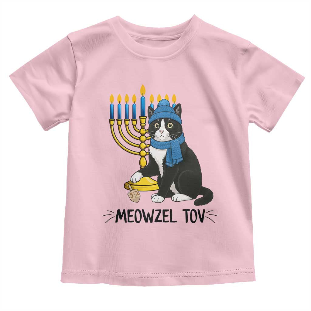 Meowzel Tov Toddler T Shirt Black Cat Playing Dreidel Menorah Hanukkah Gift TS12 Light Pink Print Your Wear