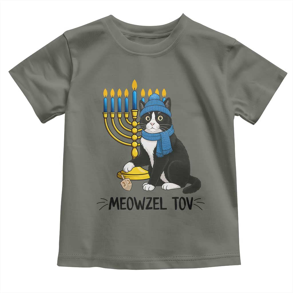 Meowzel Tov Toddler T Shirt Black Cat Playing Dreidel Menorah Hanukkah Gift TS12 Military Green Print Your Wear