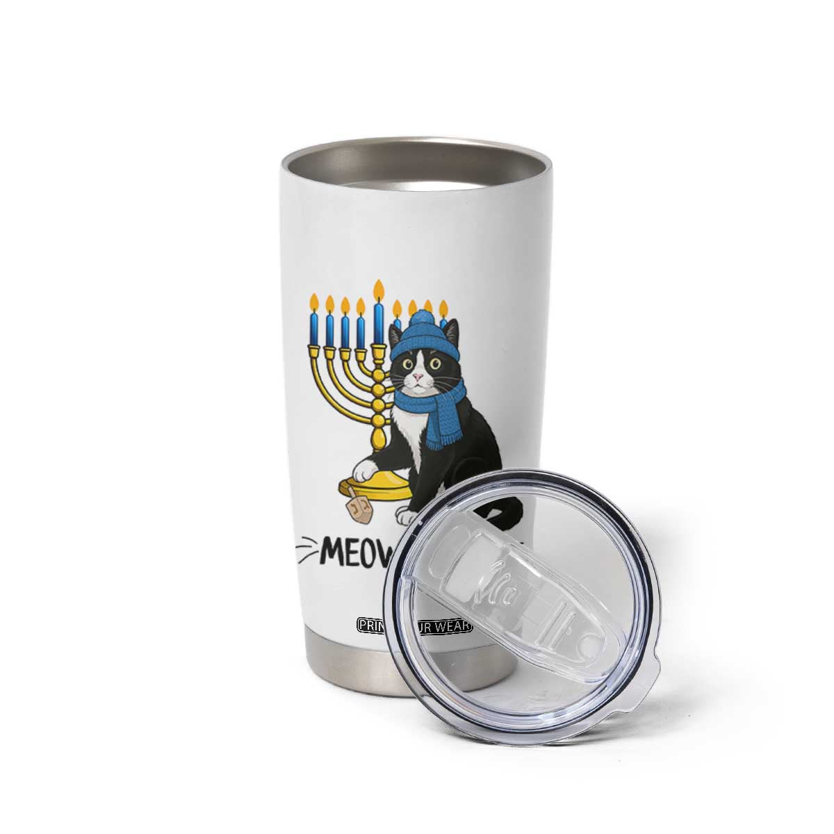 Meowzel Tov Tumbler Cup Black Cat Playing Dreidel Menorah Hanukkah Gift TS12 Print Your Wear