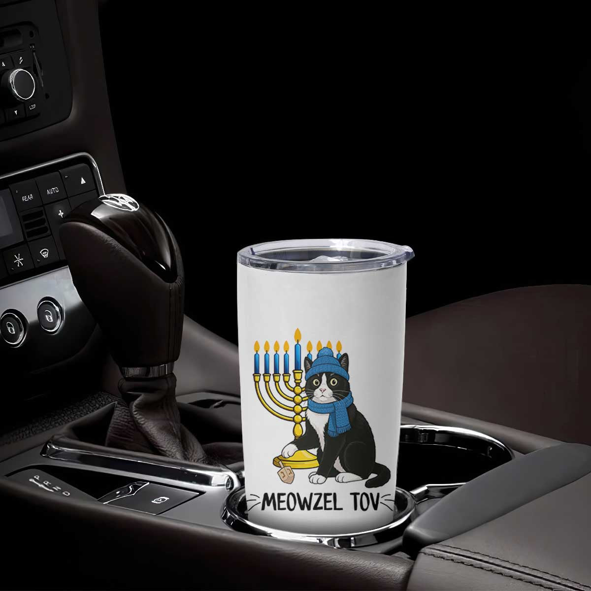 Meowzel Tov Tumbler Cup Black Cat Playing Dreidel Menorah Hanukkah Gift TS12 Print Your Wear
