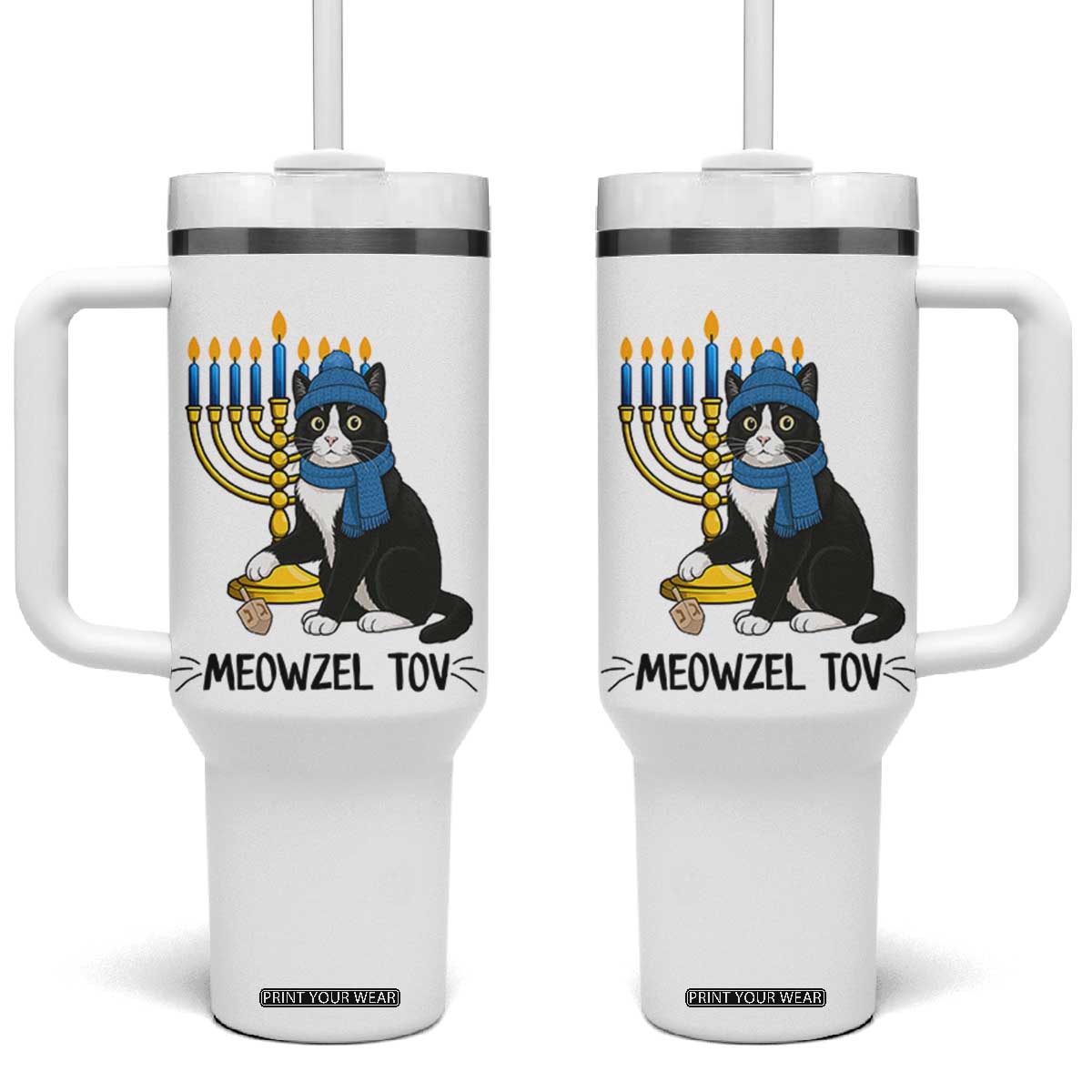 Meowzel Tov Tumbler With Handle Black Cat Playing Dreidel Menorah Hanukkah Gift TS12 One Size: 40 oz White Print Your Wear
