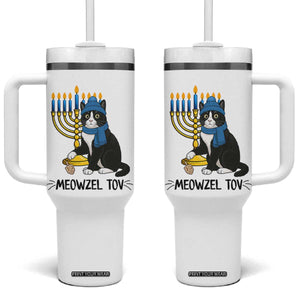 Meowzel Tov Tumbler With Handle Black Cat Playing Dreidel Menorah Hanukkah Gift TS12 One Size: 40 oz White Print Your Wear