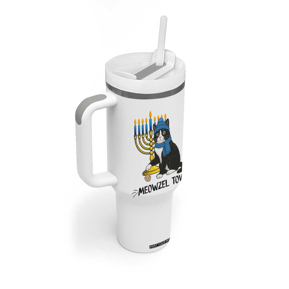Meowzel Tov Tumbler With Handle Black Cat Playing Dreidel Menorah Hanukkah Gift TS12 Print Your Wear