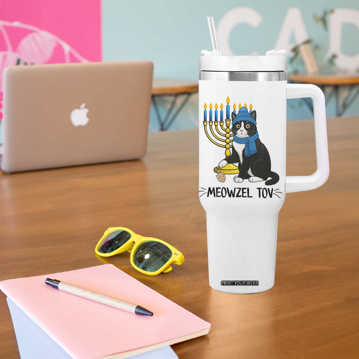 Meowzel Tov Tumbler With Handle Black Cat Playing Dreidel Menorah Hanukkah Gift TS12 Print Your Wear