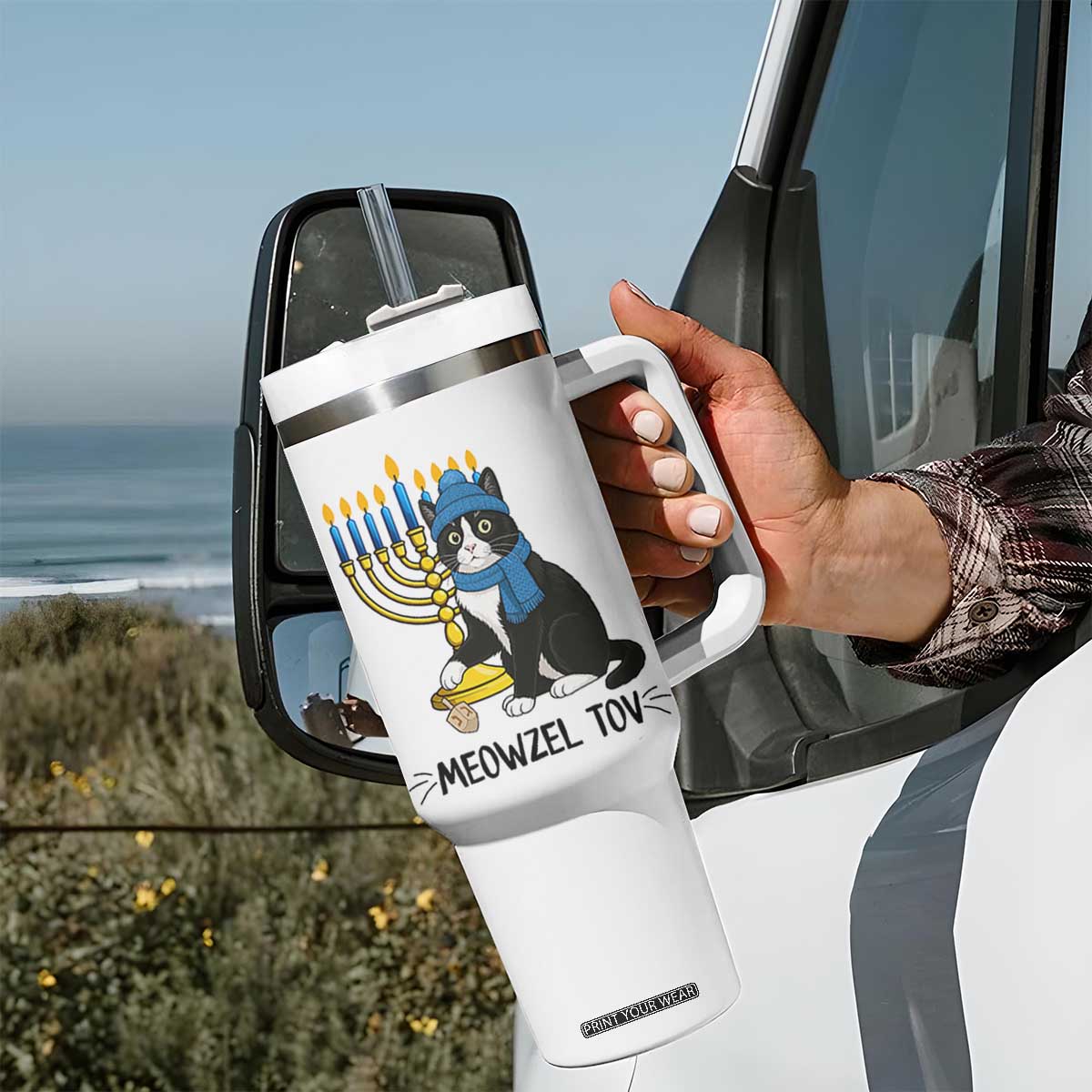 Meowzel Tov Tumbler With Handle Black Cat Playing Dreidel Menorah Hanukkah Gift TS12 Print Your Wear