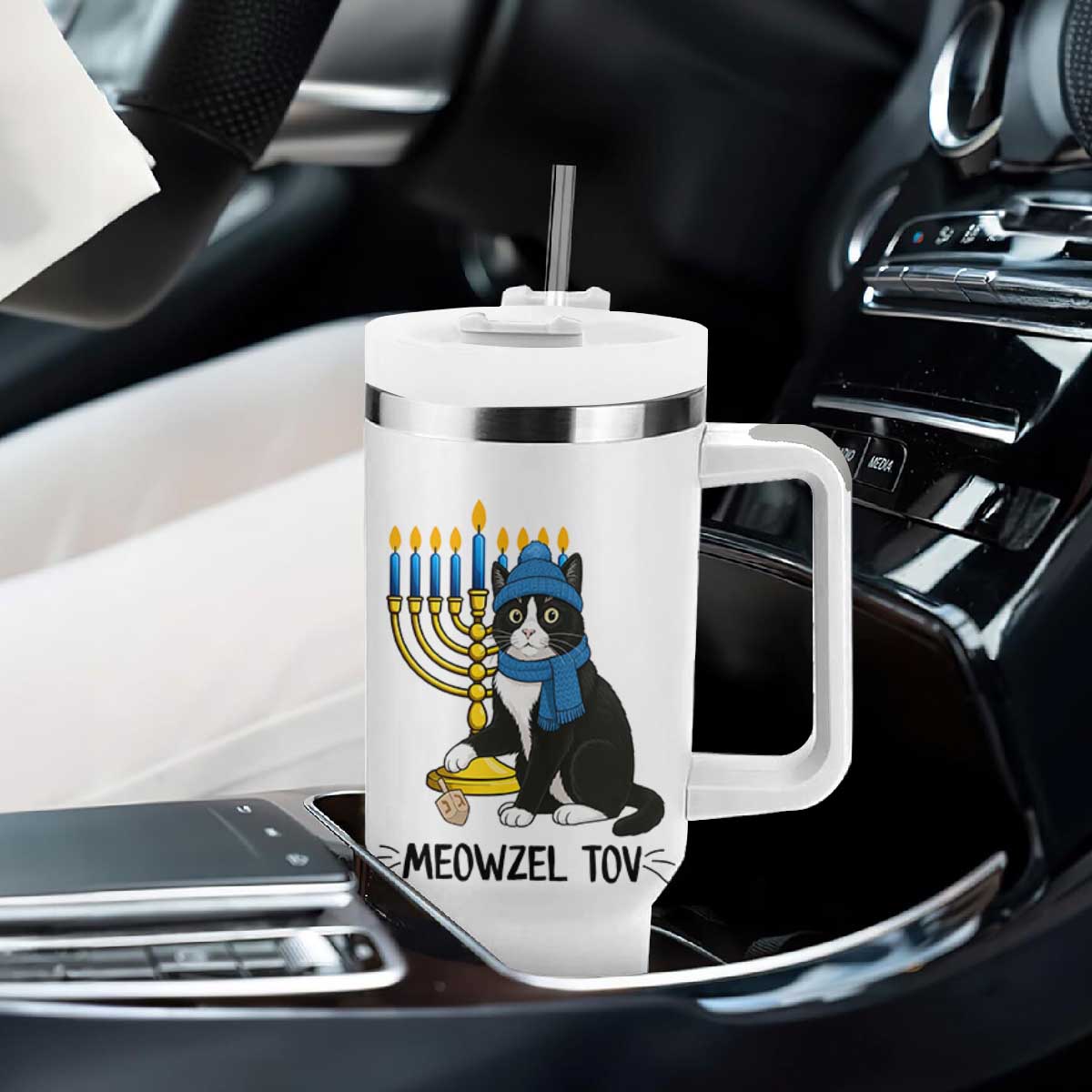 Meowzel Tov Tumbler With Handle Black Cat Playing Dreidel Menorah Hanukkah Gift TS12 Print Your Wear