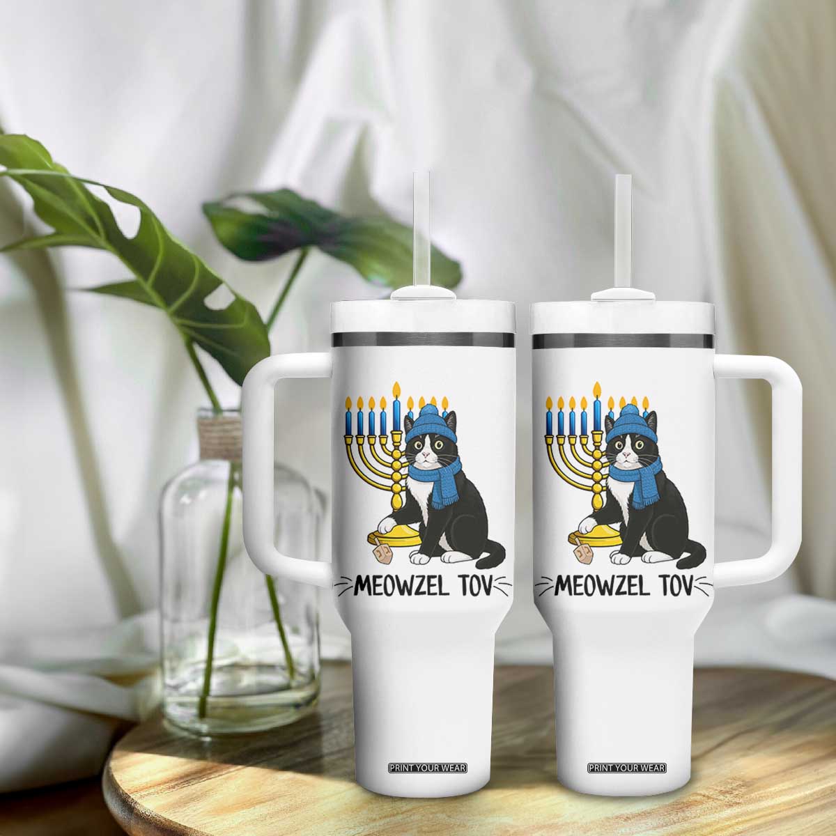 Meowzel Tov Tumbler With Handle Black Cat Playing Dreidel Menorah Hanukkah Gift TS12 Print Your Wear