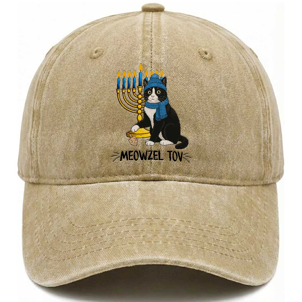 Meowzel Tov Washed Cotton Baseball Cap Black Cat Playing Dreidel Menorah Hanukkah Gift TS12 Print Your Wear