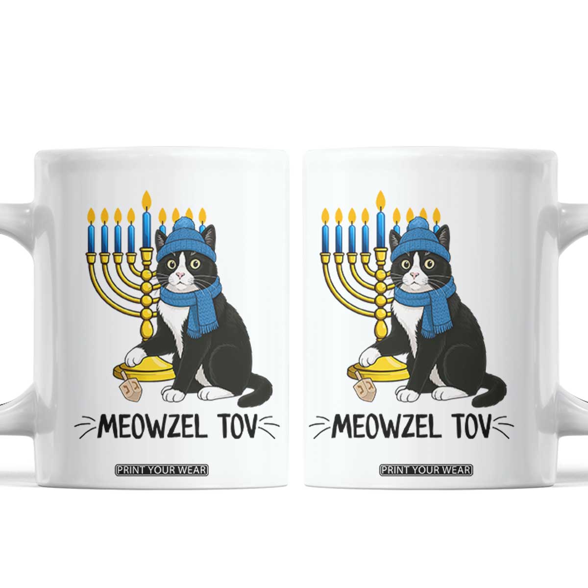 Meowzel Tov Coffee Mug Black Cat Playing Dreidel Menorah Hanukkah Gift TS12 White Print Your Wear