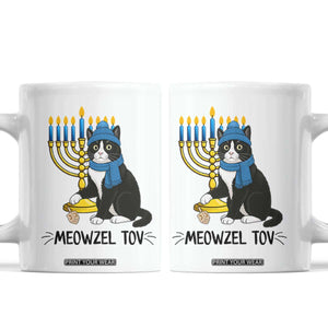 Meowzel Tov Coffee Mug Black Cat Playing Dreidel Menorah Hanukkah Gift TS12 White Print Your Wear