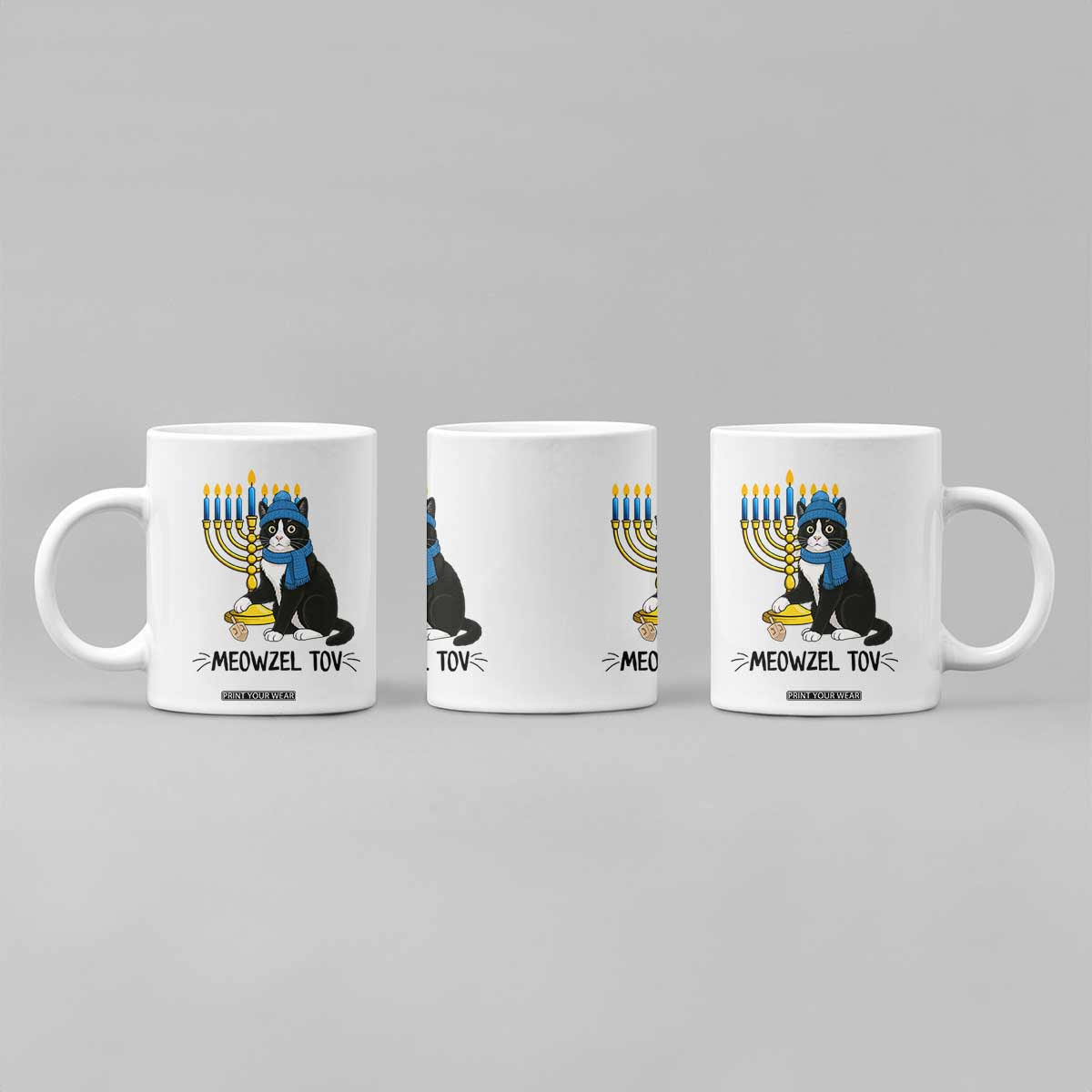 Meowzel Tov Coffee Mug Black Cat Playing Dreidel Menorah Hanukkah Gift TS12 Print Your Wear