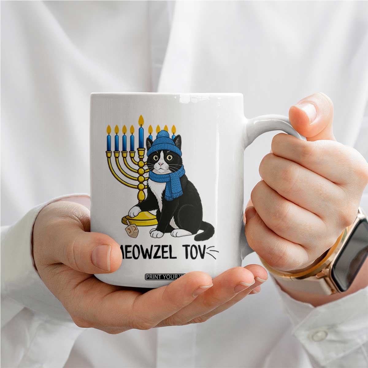 Meowzel Tov Coffee Mug Black Cat Playing Dreidel Menorah Hanukkah Gift TS12 Print Your Wear