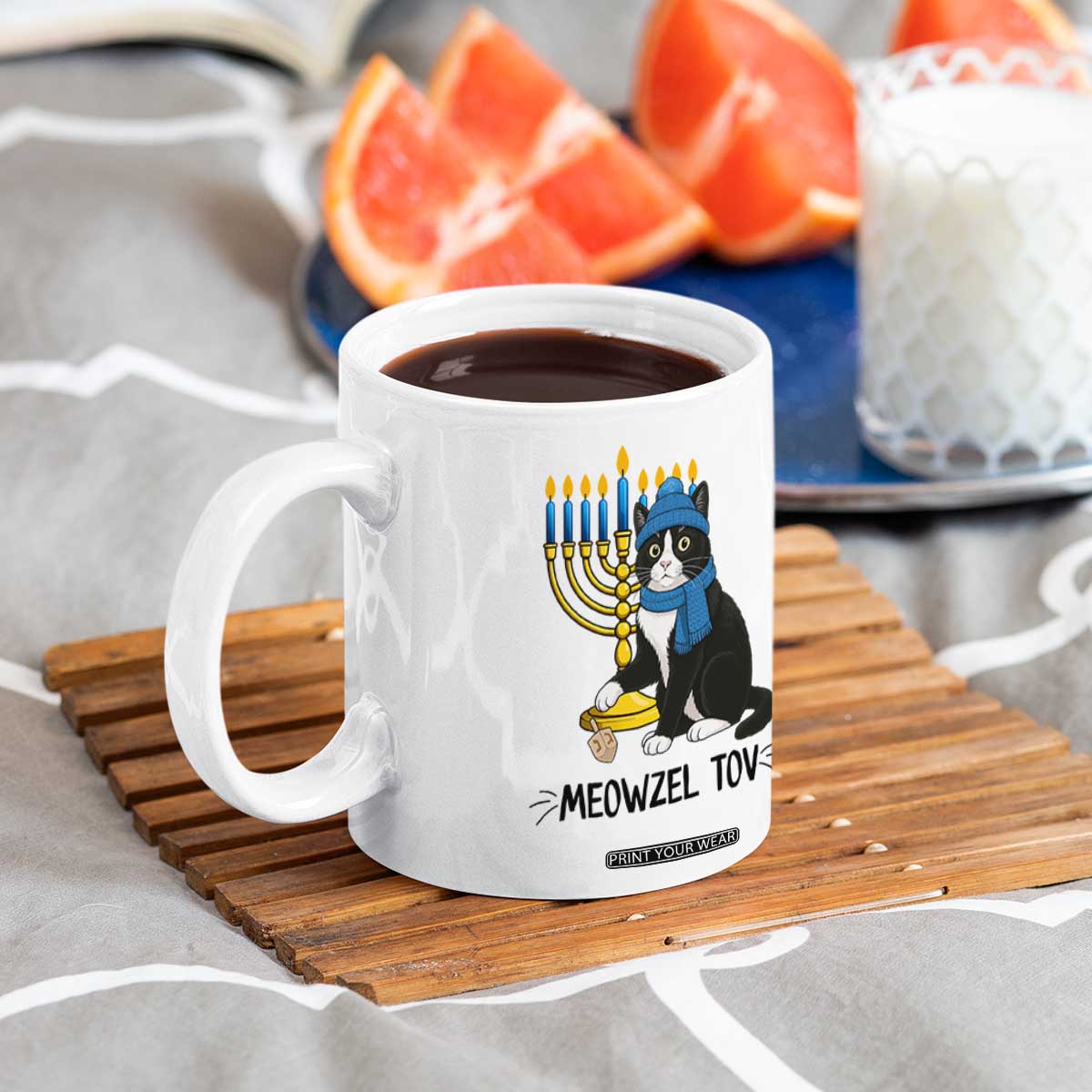 Meowzel Tov Coffee Mug Black Cat Playing Dreidel Menorah Hanukkah Gift TS12 Print Your Wear