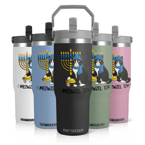 Meowzel Tov Flip Straw Tumbler Black Cat Playing Dreidel Menorah Hanukkah Gift TS12 Print Your Wear