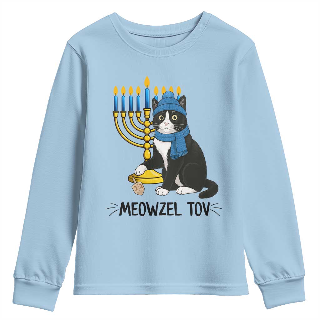 Meowzel Tov Youth Sweatshirt Black Cat Playing Dreidel Menorah Hanukkah Gift TS12 Light Blue Print Your Wear