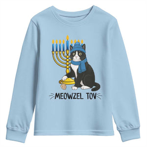 Meowzel Tov Youth Sweatshirt Black Cat Playing Dreidel Menorah Hanukkah Gift TS12 Light Blue Print Your Wear
