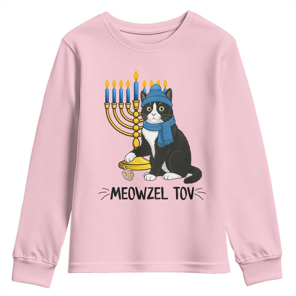 Meowzel Tov Youth Sweatshirt Black Cat Playing Dreidel Menorah Hanukkah Gift TS12 Light Pink Print Your Wear