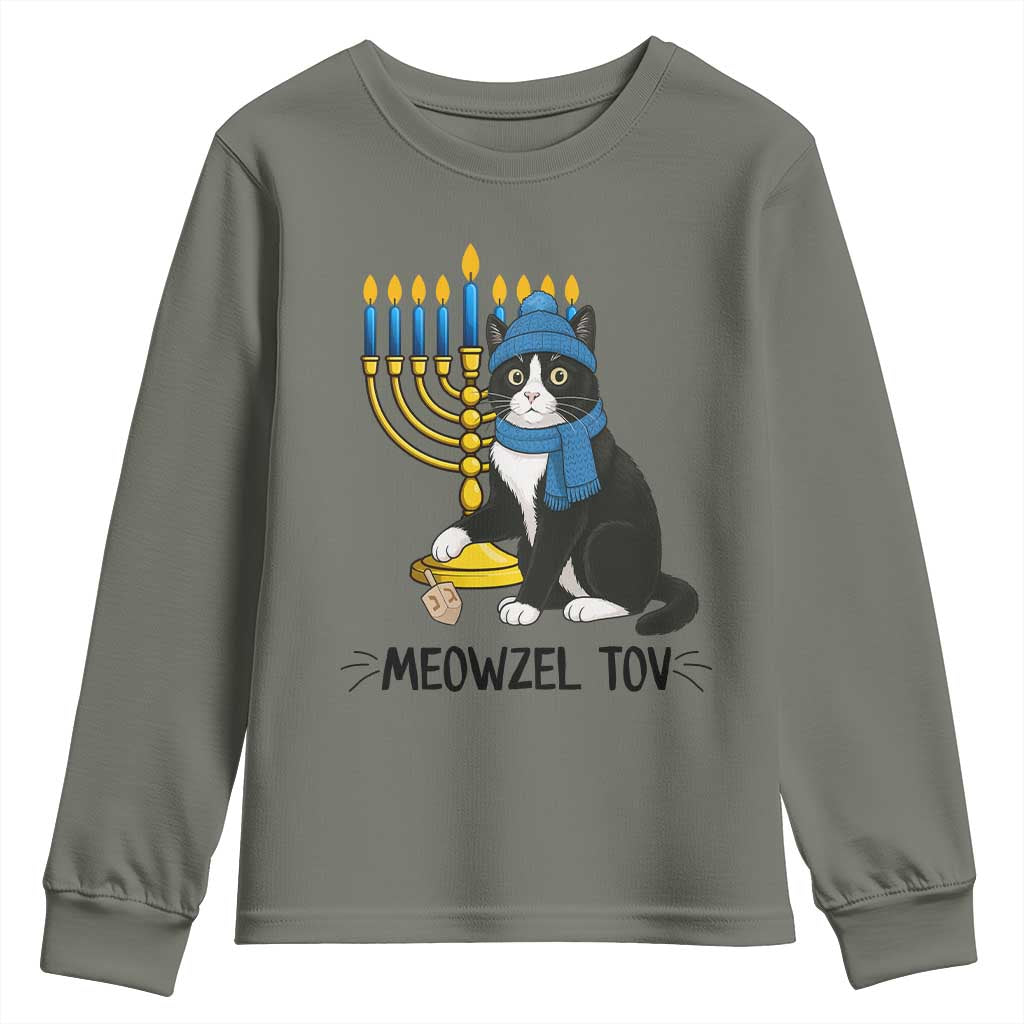 Meowzel Tov Youth Sweatshirt Black Cat Playing Dreidel Menorah Hanukkah Gift TS12 Military Green Print Your Wear
