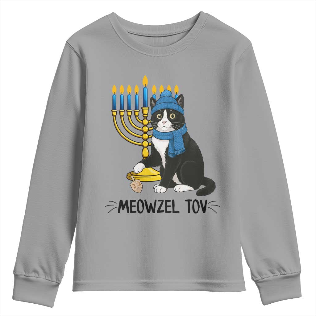 Meowzel Tov Youth Sweatshirt Black Cat Playing Dreidel Menorah Hanukkah Gift TS12 Sport Gray Print Your Wear