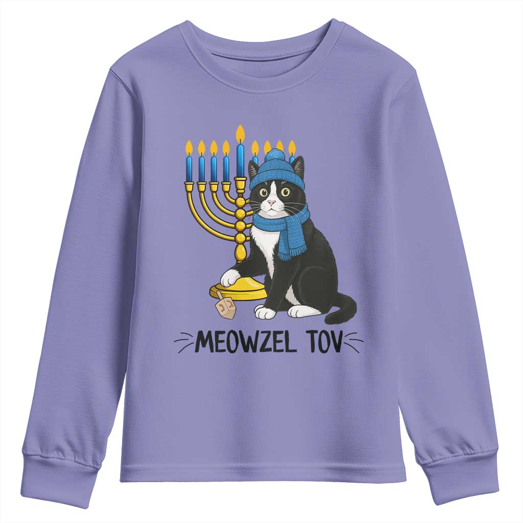 Meowzel Tov Youth Sweatshirt Black Cat Playing Dreidel Menorah Hanukkah Gift TS12 Violet Print Your Wear