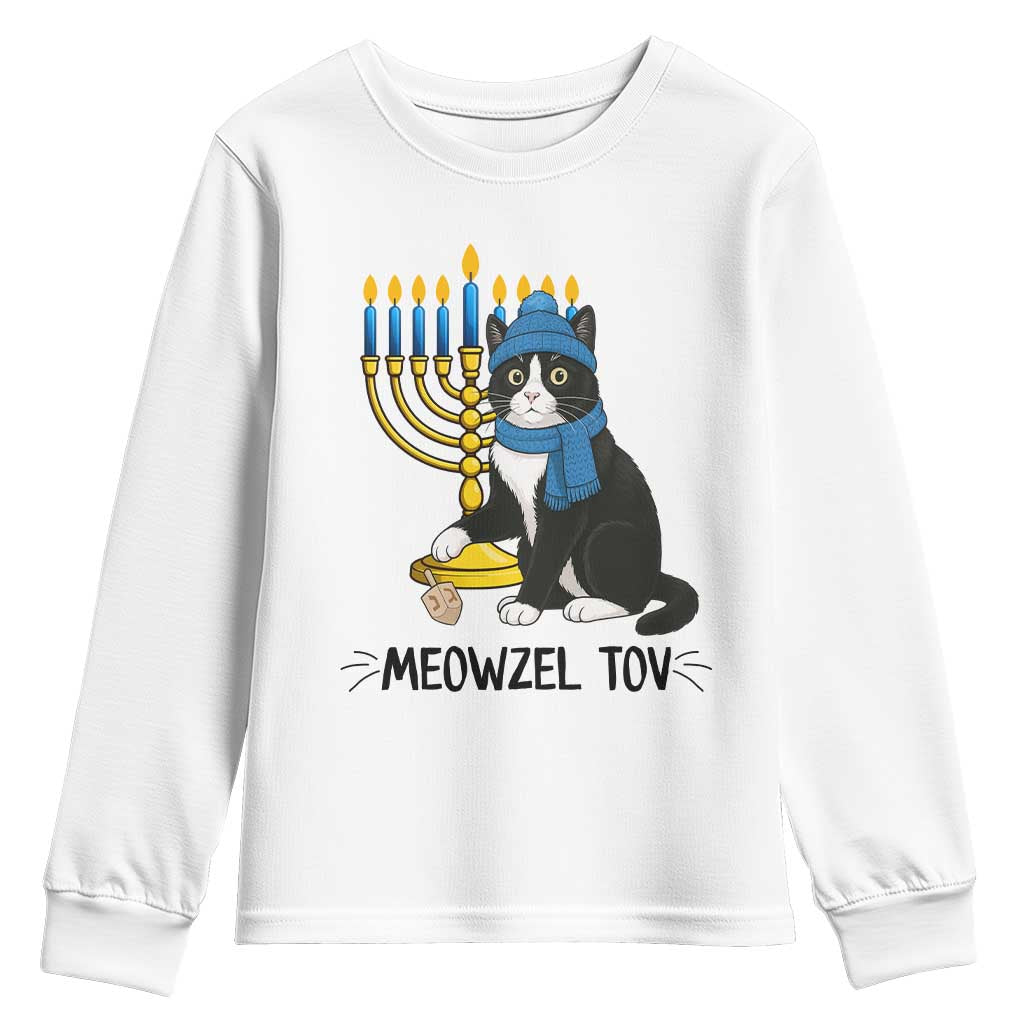 Meowzel Tov Youth Sweatshirt Black Cat Playing Dreidel Menorah Hanukkah Gift TS12 White Print Your Wear
