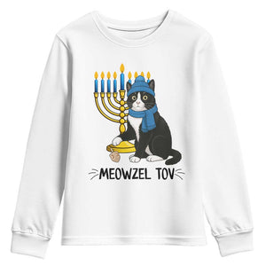 Meowzel Tov Youth Sweatshirt Black Cat Playing Dreidel Menorah Hanukkah Gift TS12 White Print Your Wear