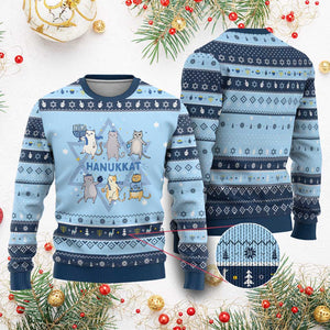 Hanukkat Hanukkah Ugly Sweater Funny Cats Festival Of Lights Gift TS12 Light Blue Navy Print Your Wear