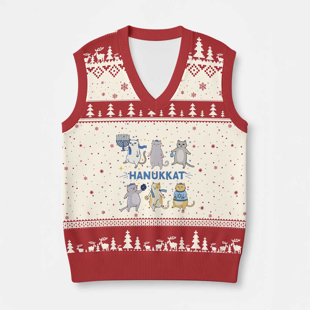 Hanukkat V-Neck Knit Sweater Vest Funny Cats Hanukkah Festival Of Lights Gift TS12 Beige Red Print Your Wear