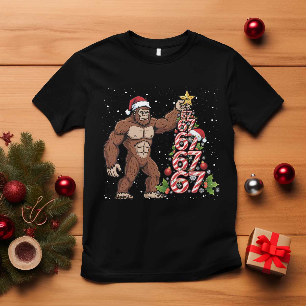 Bigfoot Christmas Tree 67 T Shirt Holiday Six Seven Meme Brainrot Gift TS12 Black Print Your Wear