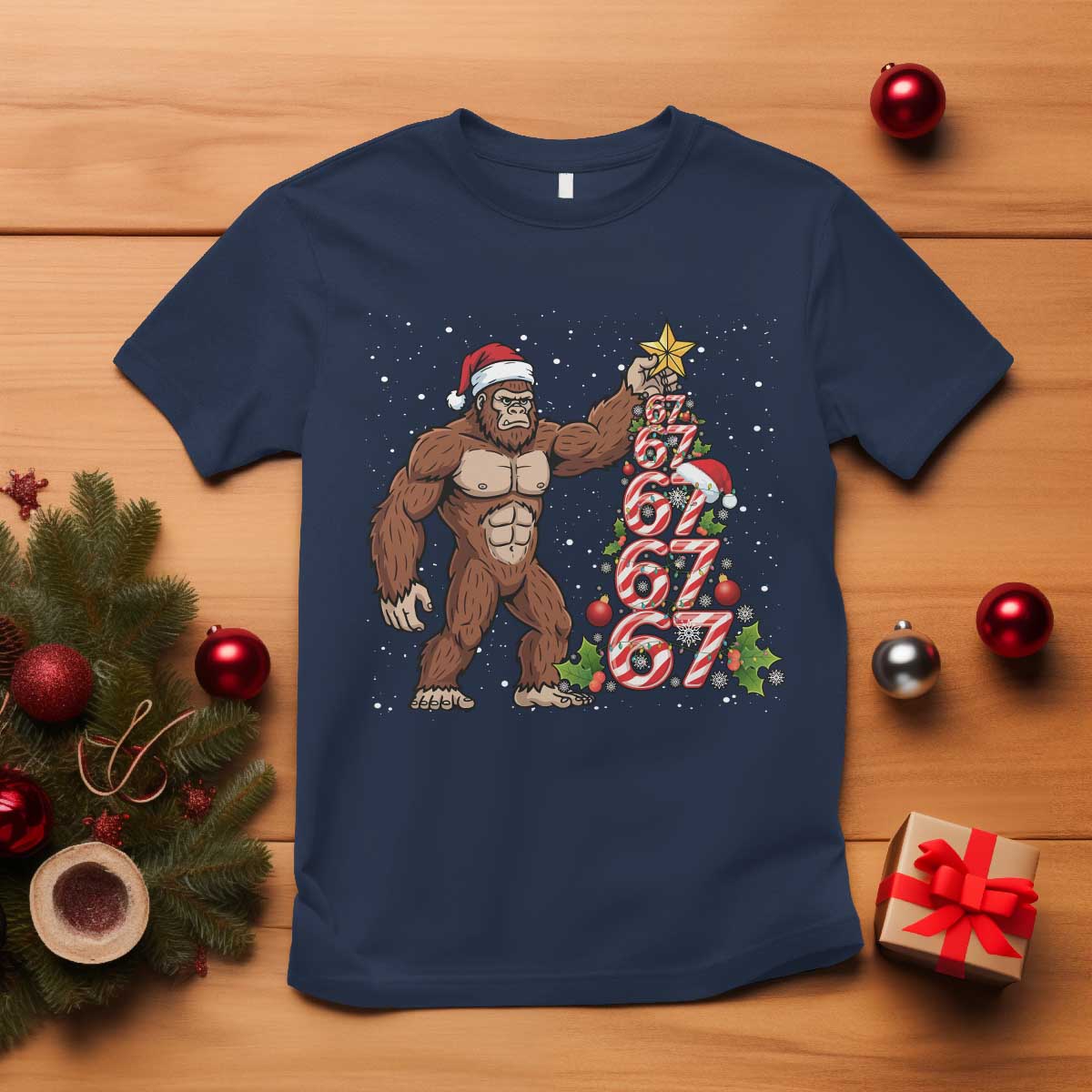 Bigfoot Christmas Tree 67 T Shirt Holiday Six Seven Meme Brainrot Gift TS12 Navy Print Your Wear