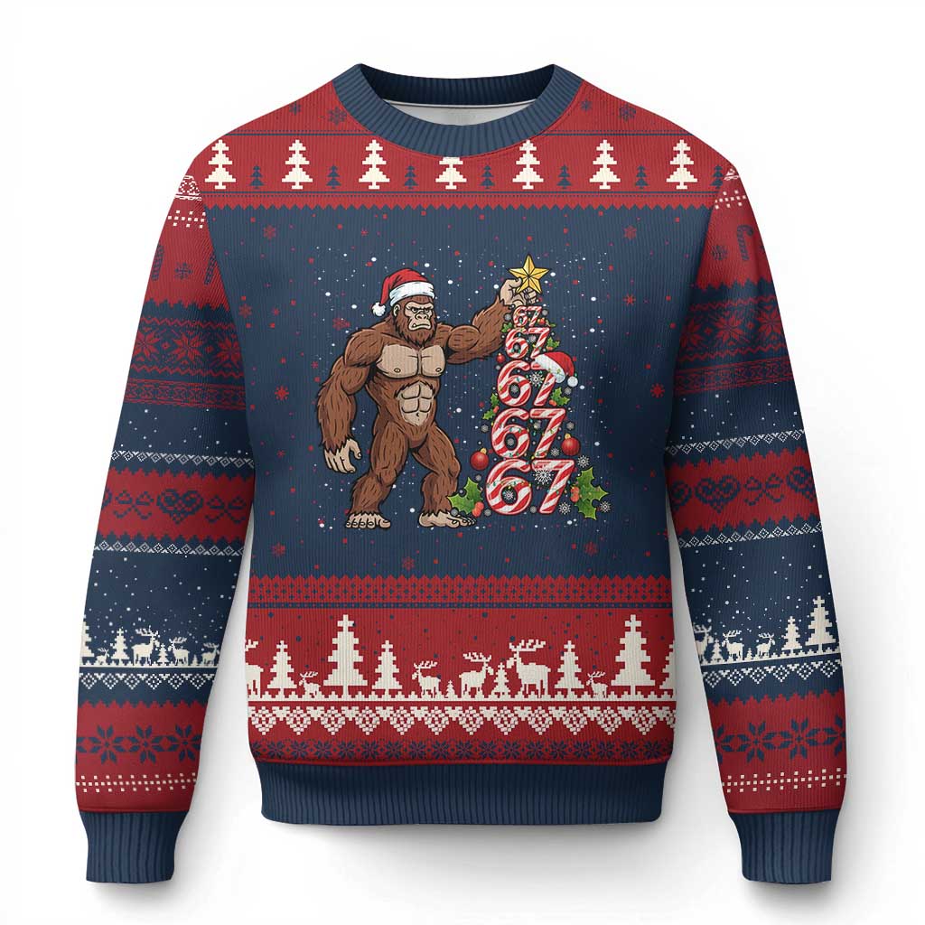Bigfoot Xmas Tree 67 Ugly Christmas Sweater Holiday Six Seven Meme Brainrot Gift TS12 Navy Red Print Your Wear