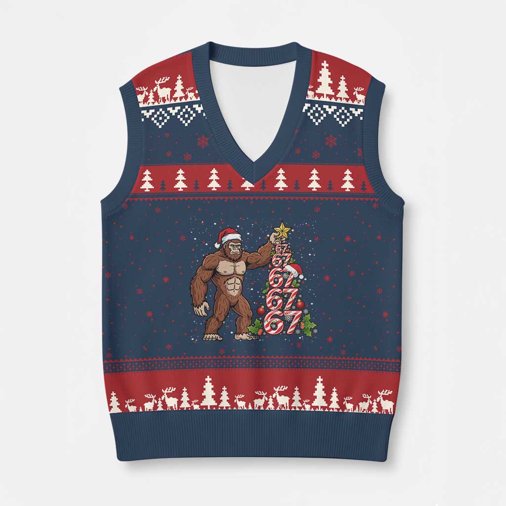 Bigfoot Xmas Tree 67 V-Neck Knit Sweater Vest Holiday Six Seven Meme Brainrot Gift TS12 Navy Red Print Your Wear