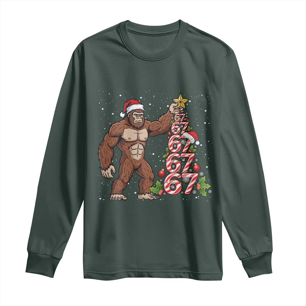 Bigfoot Christmas Tree 67 Long Sleeve Shirt Holiday Six Seven Meme Brainrot Gift TS12 Dark Forest Green Print Your Wear