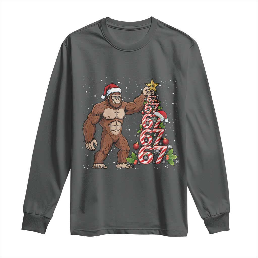 Bigfoot Christmas Tree 67 Long Sleeve Shirt Holiday Six Seven Meme Brainrot Gift TS12 Dark Heather Print Your Wear