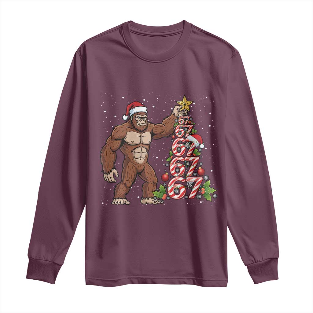 Bigfoot Christmas Tree 67 Long Sleeve Shirt Holiday Six Seven Meme Brainrot Gift TS12 Maroon Print Your Wear