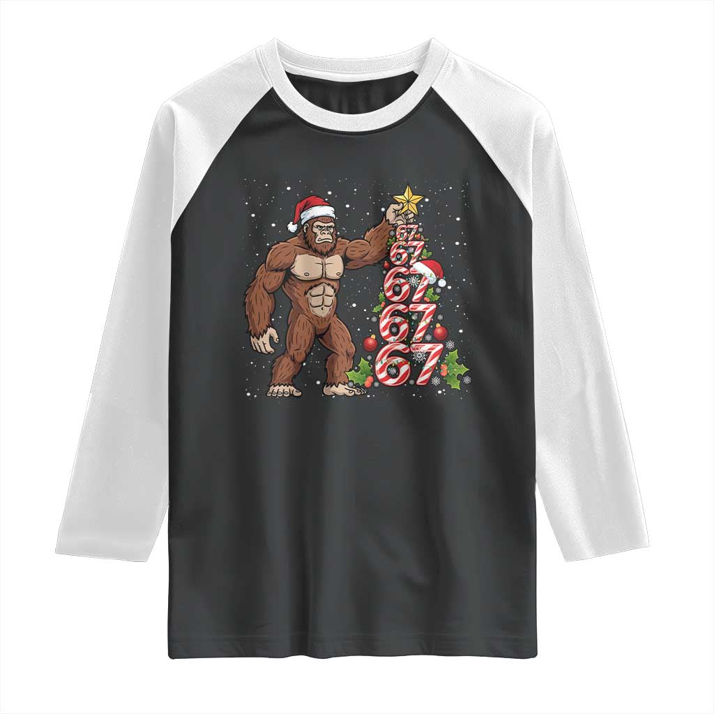 Bigfoot Christmas Tree 67 Raglan Shirt Holiday Six Seven Meme Brainrot Gift TS12 Black White Print Your Wear