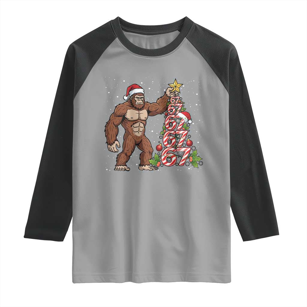 Bigfoot Christmas Tree 67 Raglan Shirt Holiday Six Seven Meme Brainrot Gift TS12 Sport Gray Black Print Your Wear