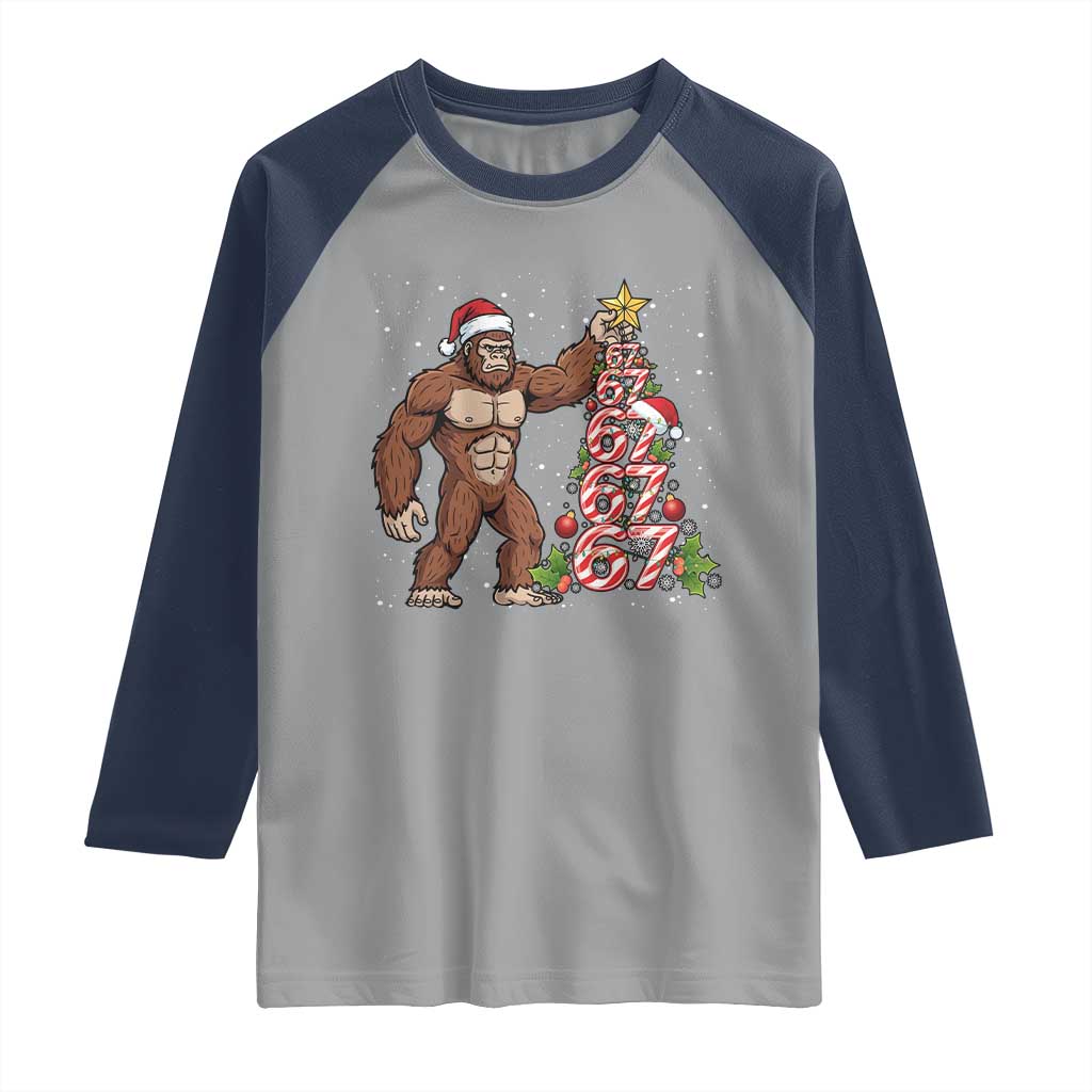 Bigfoot Christmas Tree 67 Raglan Shirt Holiday Six Seven Meme Brainrot Gift TS12 Sport Gray Navy Print Your Wear